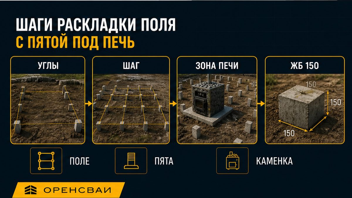 Шаги раскладки свайного поля с пятой под печь в бане