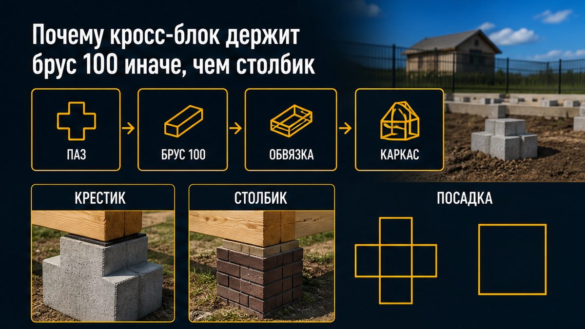 Почему кросс-блок с пазом под брус 100 отличается от кирпичного столбика