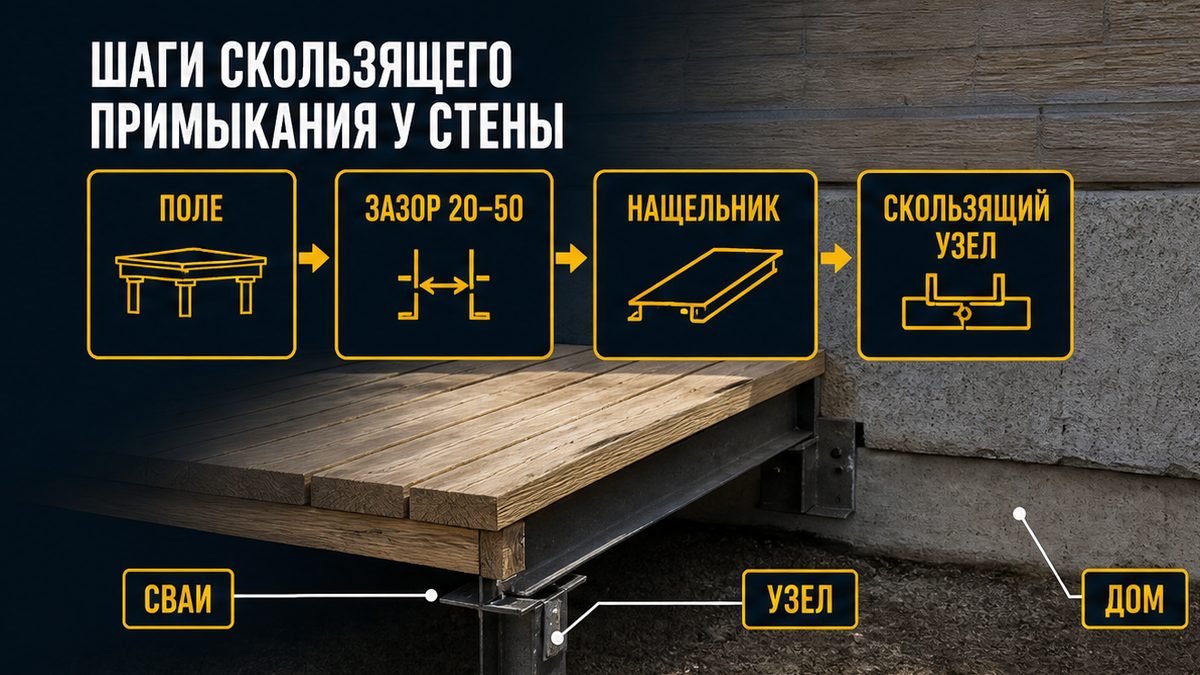 Шаги скользящего примыкания открытой террасы у стены дома