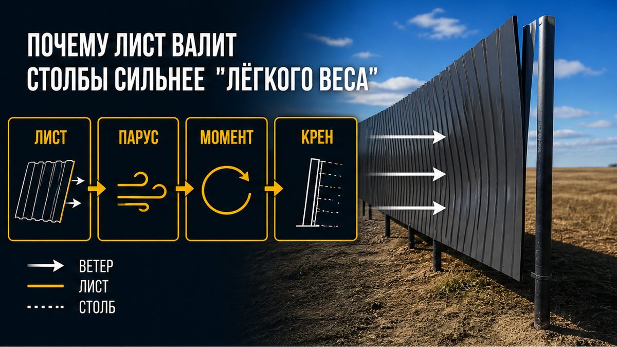 Почему глухой лист профнастила валит столбы сильнее лёгкого заполнения