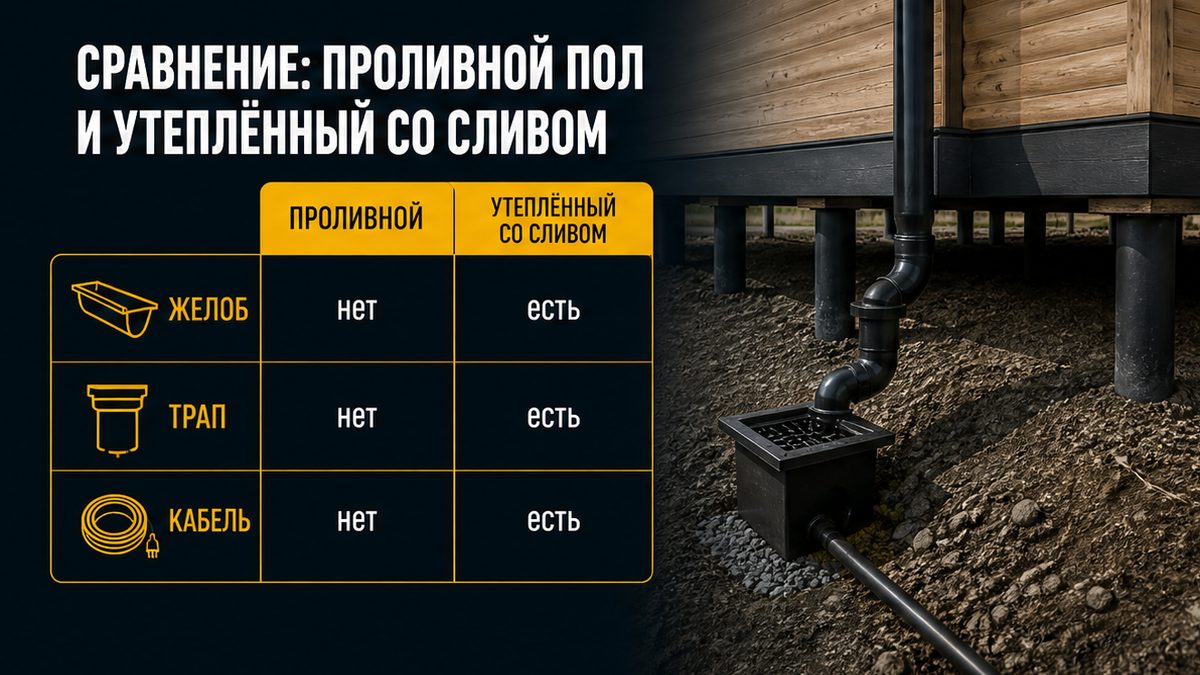 Сравнение проливного пола и утеплённого со сливом