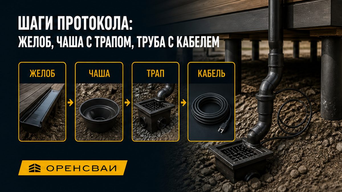 Шаги протокола: желоб, чаша с трапом, труба с кабелем