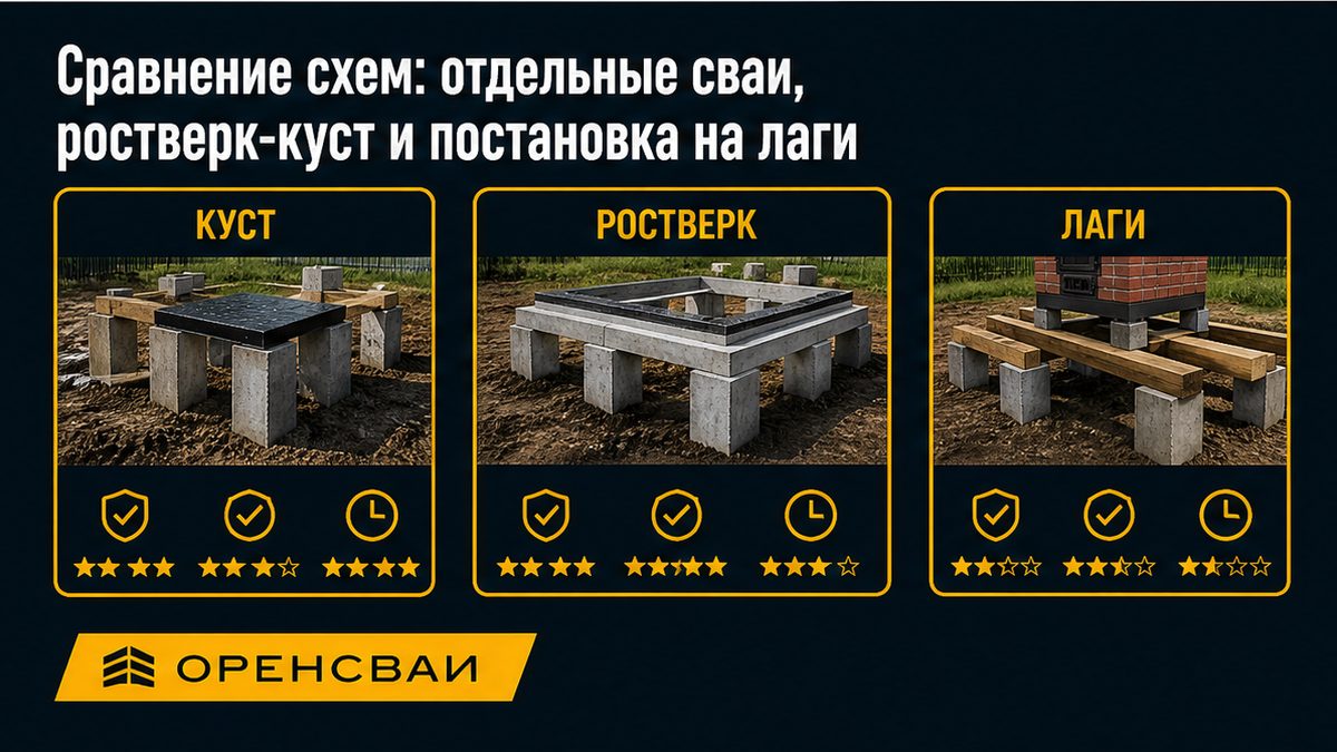 Сравнение отдельных свай под печь, ростверка-куста и ошибки на лаги