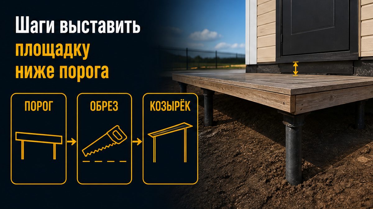 Шаги обрезки свай крыльца на 3–5 см ниже порога