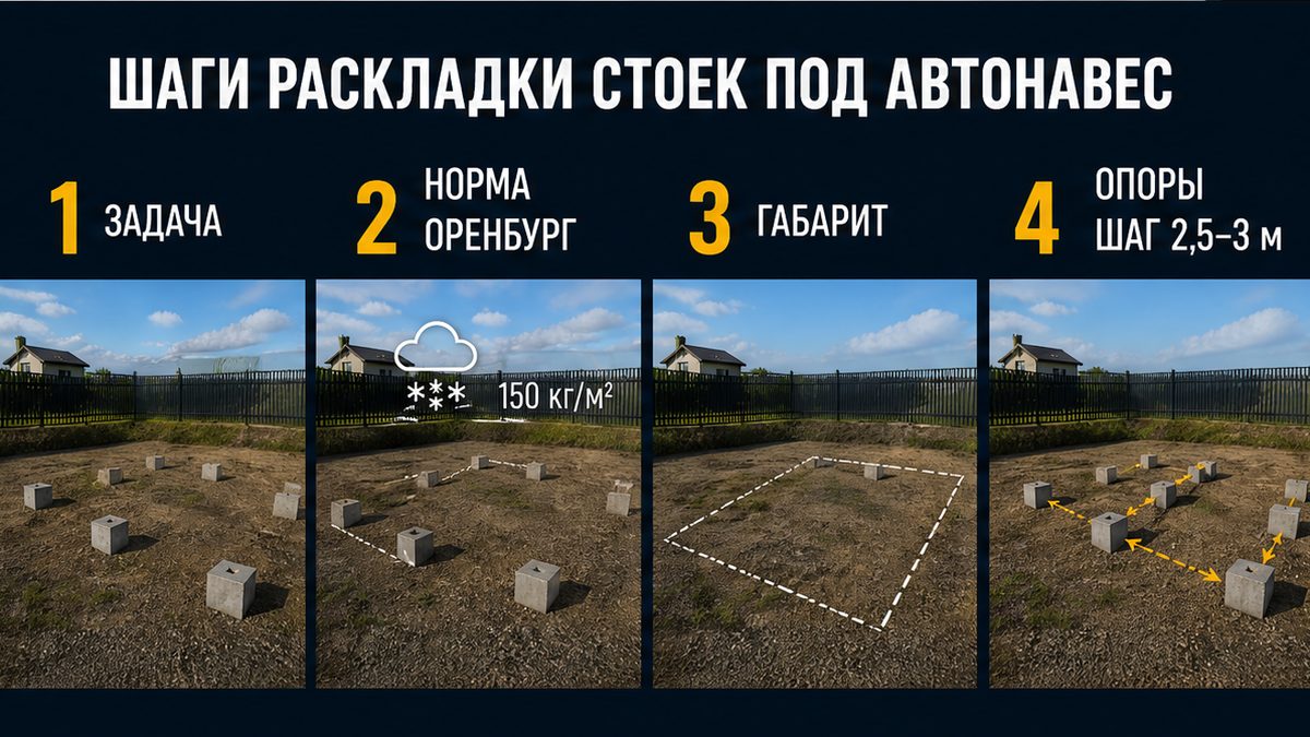 Шаги раскладки стоек автонавеса на винтовых сваях