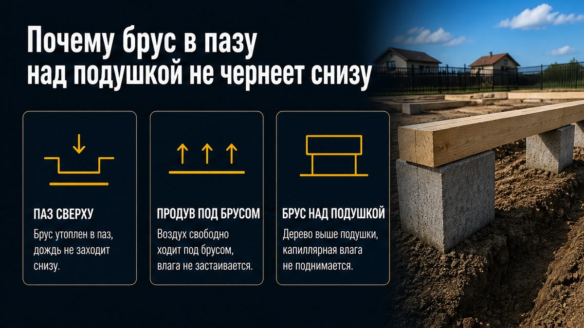 Брус в пазу кросс-блока над подушкой, под обвязкой продув