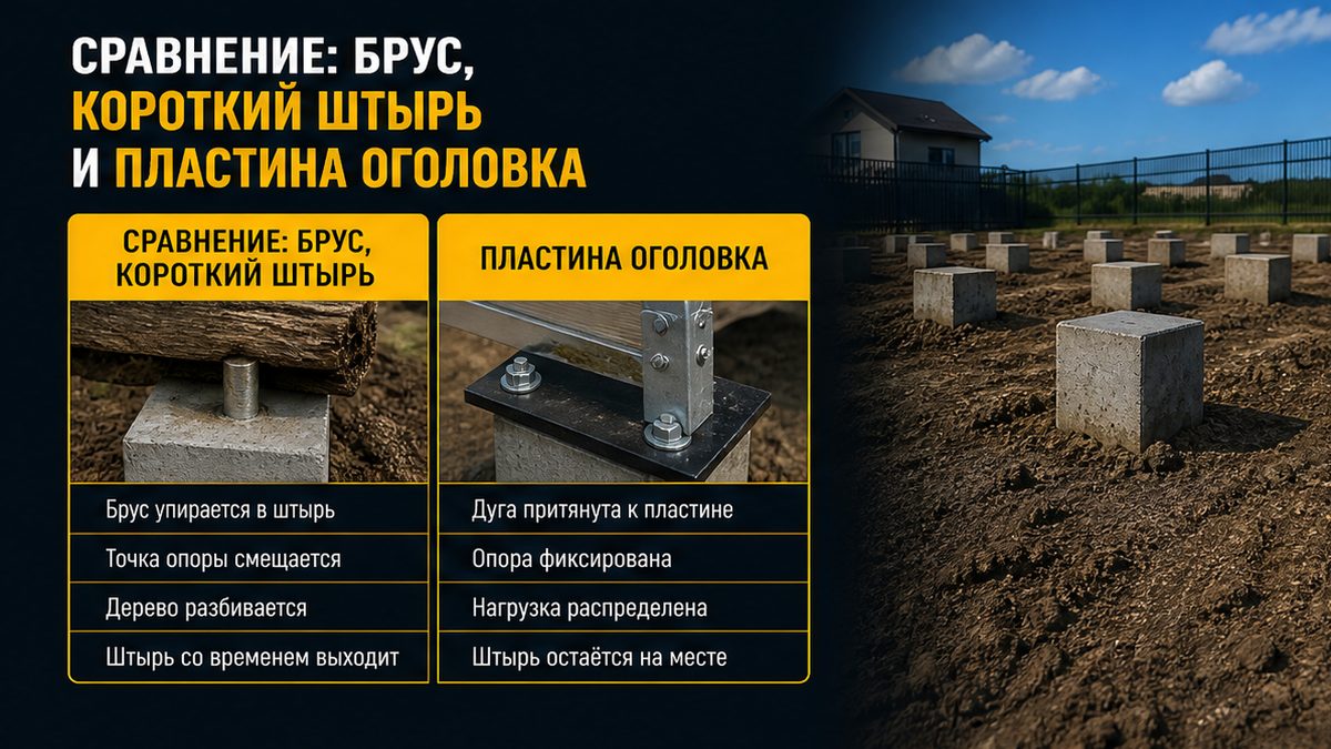 Сравнение бруса, штыря комплекта и пластины оголовка под дугой теплицы