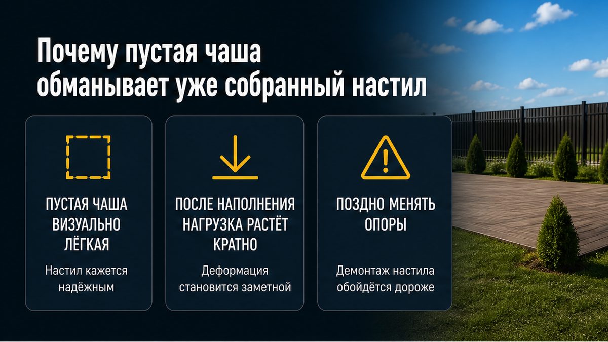 Пустая чаша и налитый чан: доски между лагами гнутся под водой