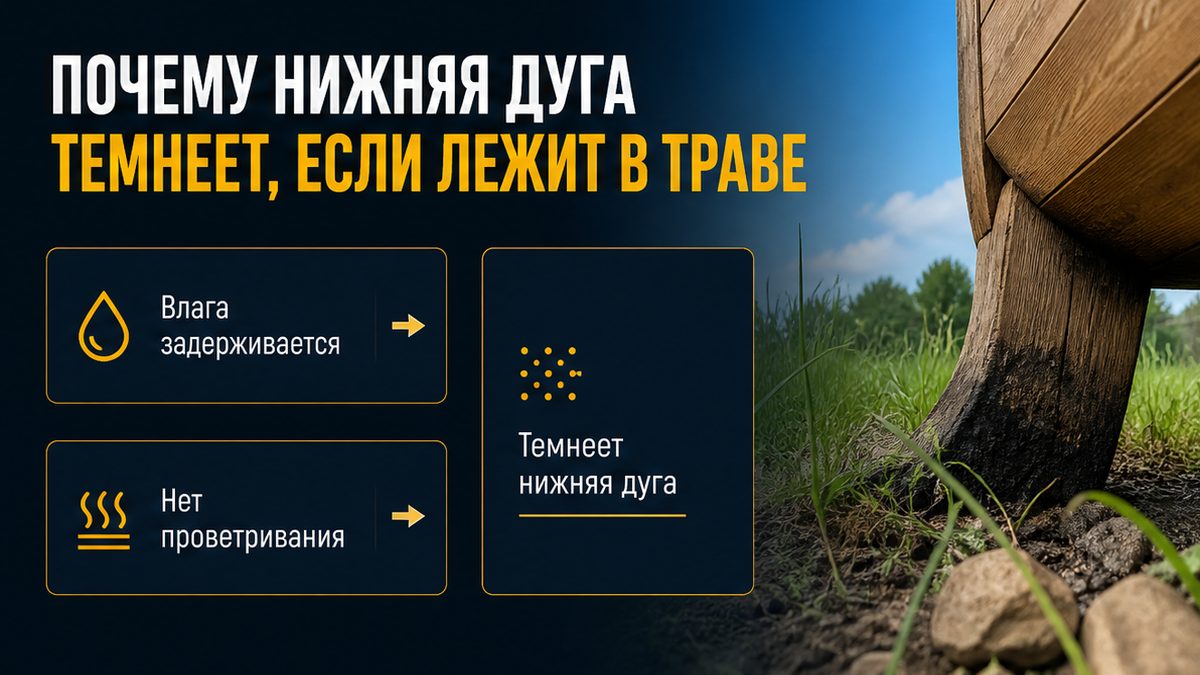 Нижняя дуга бани-бочки темнеет на сырой земле, дверь цепляет снизу