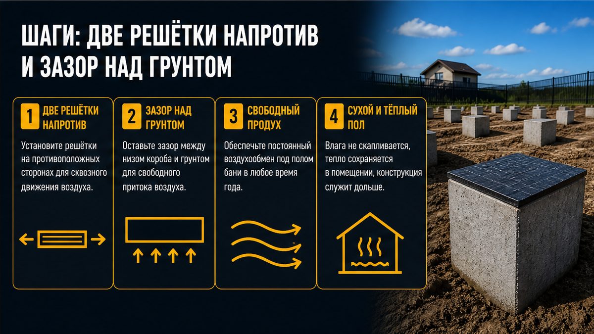 Две решётки напротив и зазор над грунтом у цоколя бани