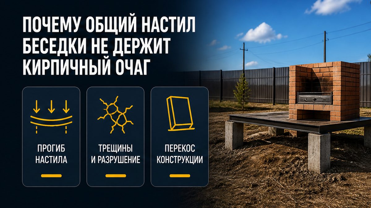 Кирпичный мангал на углу террасы без отдельного куста свай под топкой