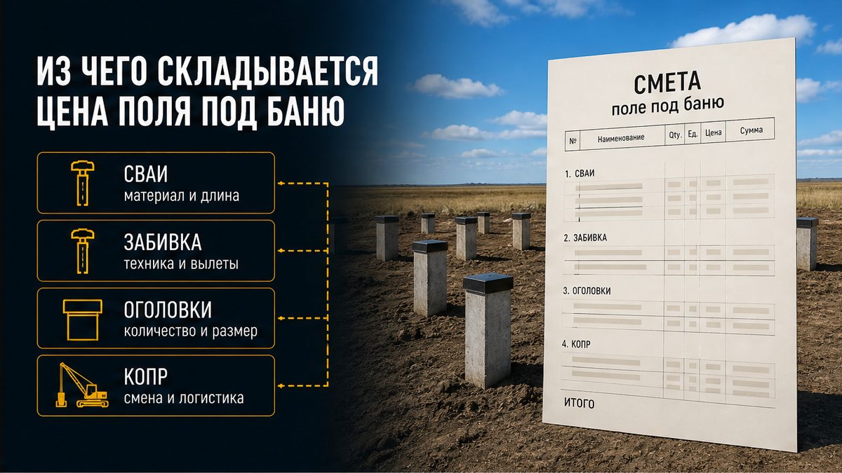 Четыре строки сметы: сваи, забивка, оголовки и подача копра под баню