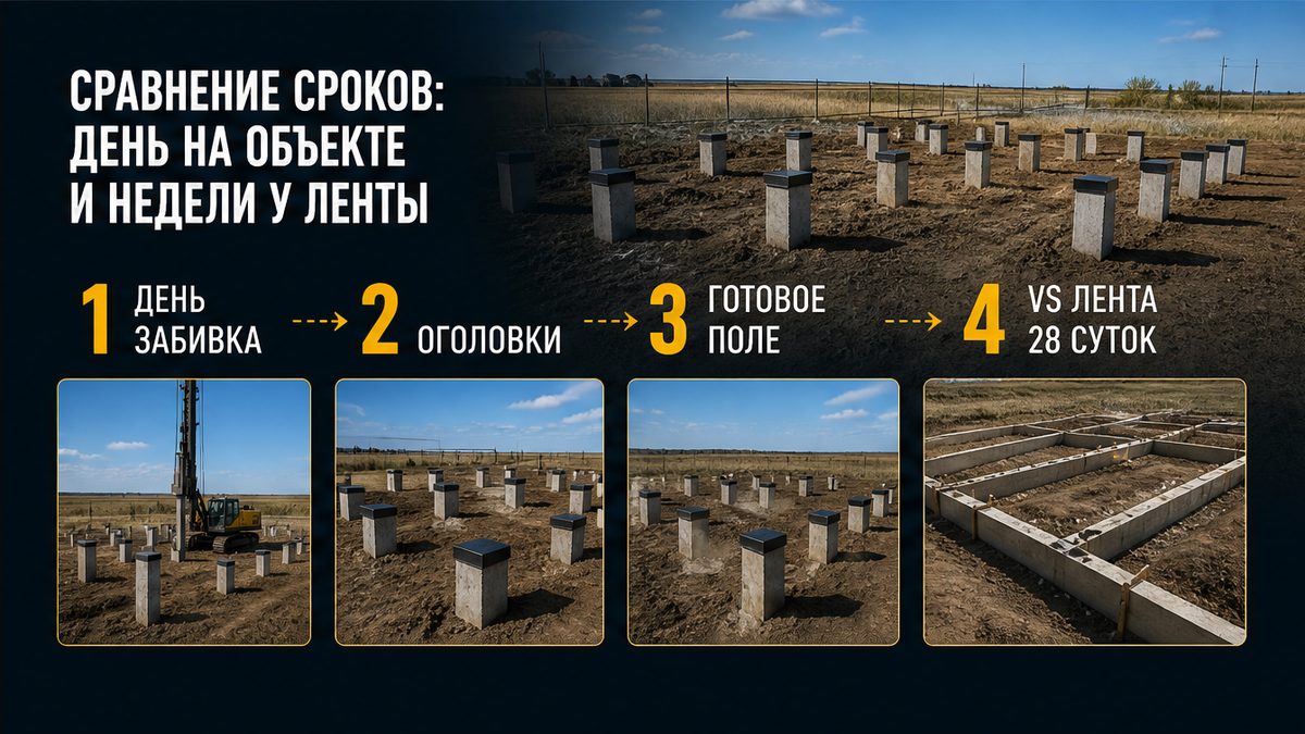 Срок забивки свайного поля под баню один день против ленты с выдержкой бетона
