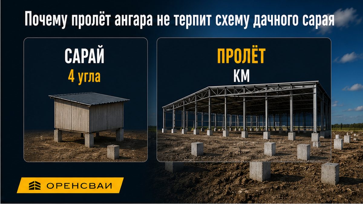 Быстровозводимый ангар на забивных ЖБ сваях: снег на кровле и ветер на торец