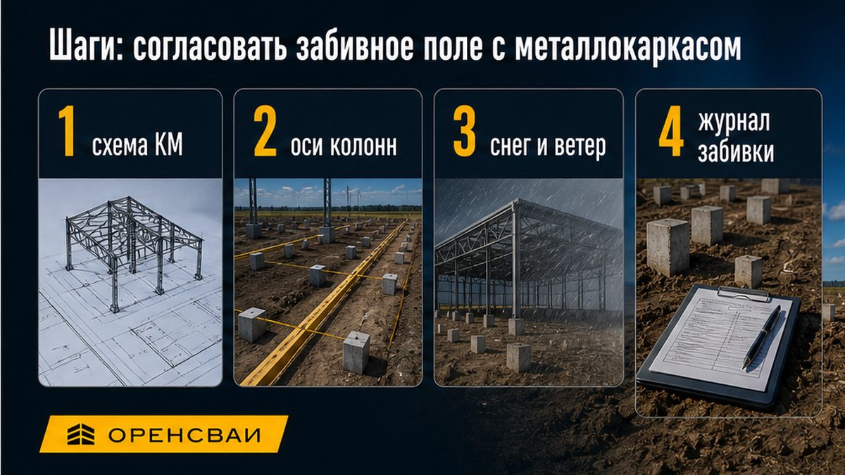 Схема колонн и крановой линии на забивных ЖБ сваях под ангар