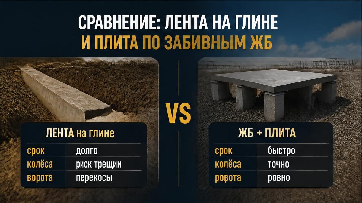 Сравнение ленточного фундамента и свайного поля с плитой под гараж
