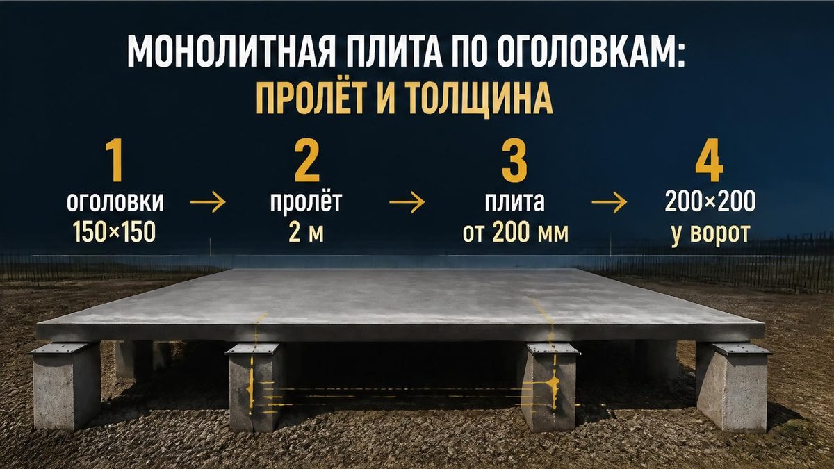 Монолитная плита по оголовкам забивных свай: пролёт между сваями под колёсо