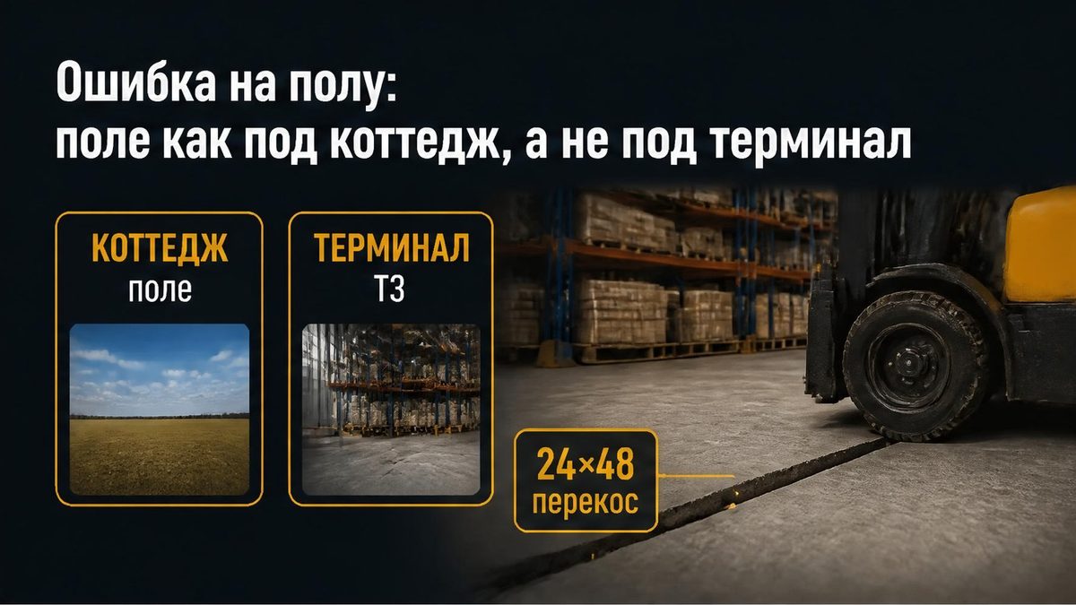 Перекос стеллажа и трещина у колеса погрузчика на складе
