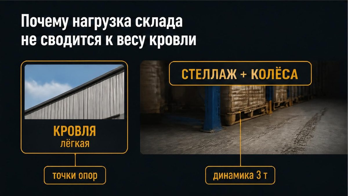Схема: колонны каркаса, точки стеллажей и полоса колес погрузчика