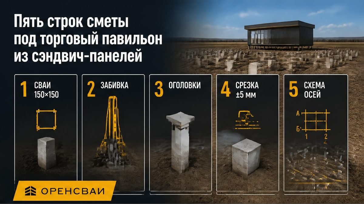 Пять строк сметы: сваи, забивка, оголовки, срезка и схема осей под павильон