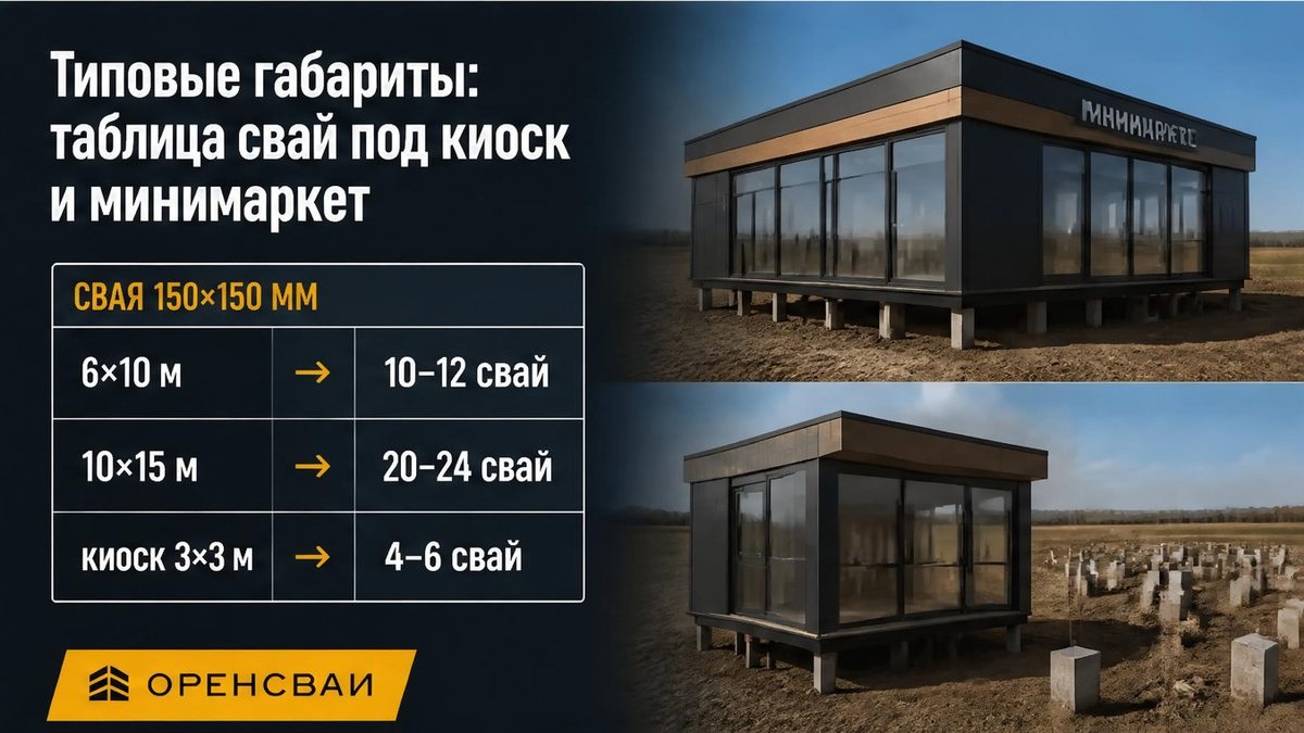 Таблица габаритов торгового павильона и числа свай 150 на 150