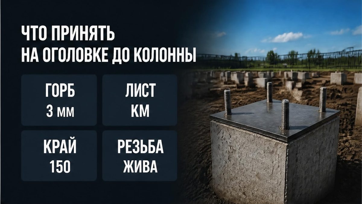 Приёмка оголовка до колонны: плоскость, лист КМ, край грани и живая резьба