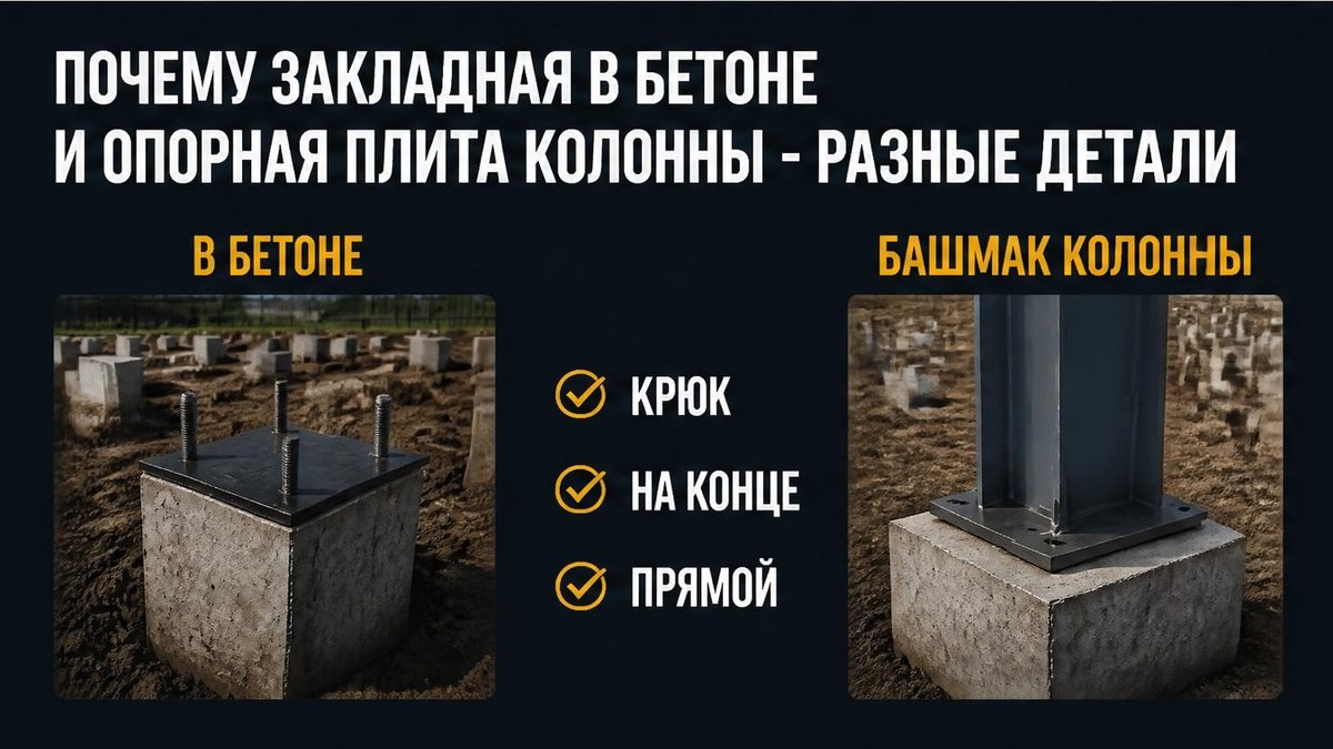 Закладная уже в бетоне, опорная плита колонны только садится сверху