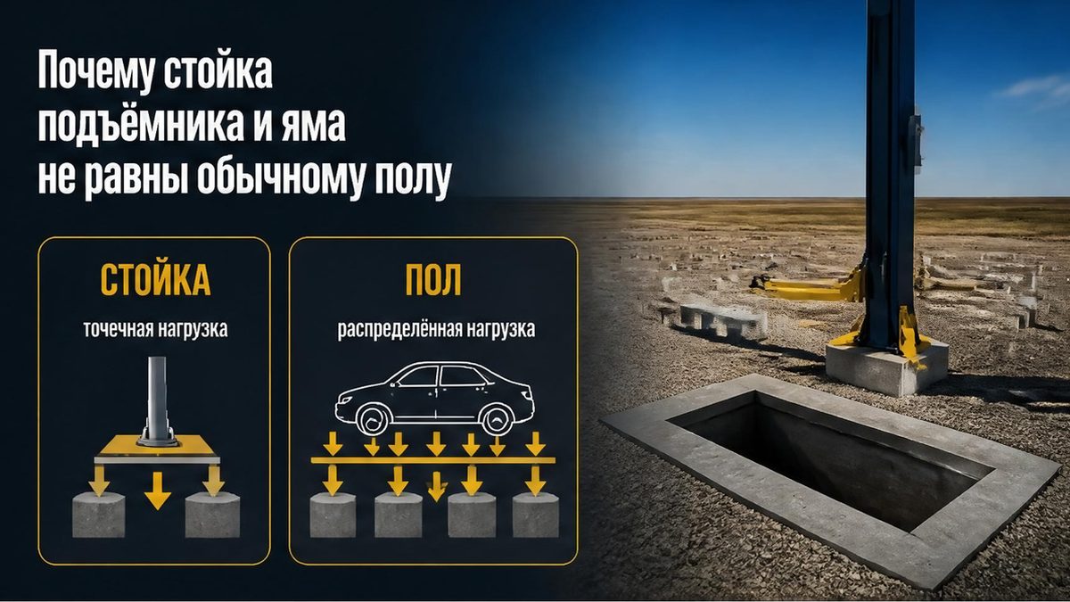 Стойка подъёмника давит в пятно, обычный пол несёт стены и машину по площади