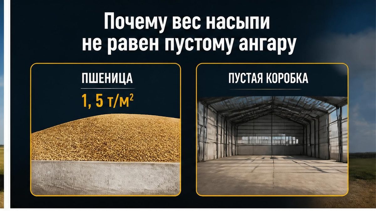 Пшеница слоем 2 м даёт около 1,5 т/м², пустой ангар этой массы не несёт