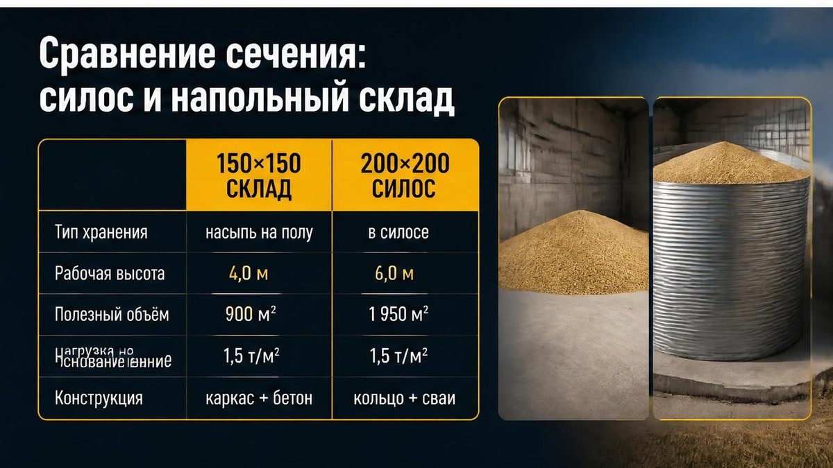 Сравнение сечения свай: 150×150 под лёгкий склад и 200×200 под кольцо силоса