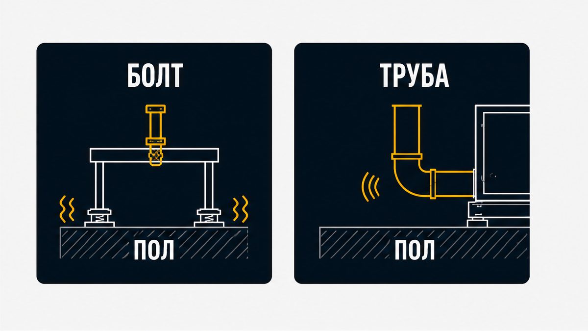 Жёсткий болт рамы генератора и труба насоса без вставки передают тряску в пол