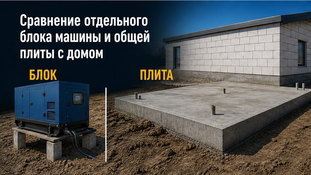 Отдельный блок под машину против общей плиты, залитой вместе с домом