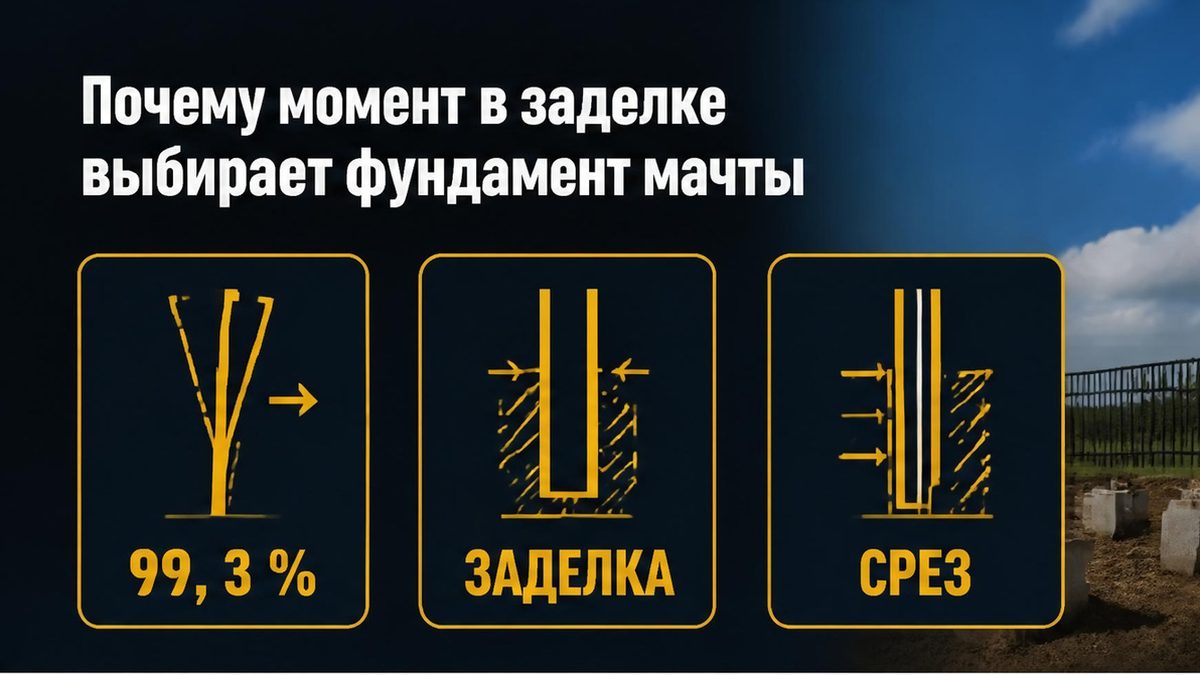 Доля опрокидывания 99,3 %, момент в заделке и перерезывающая сила рядом со стволом