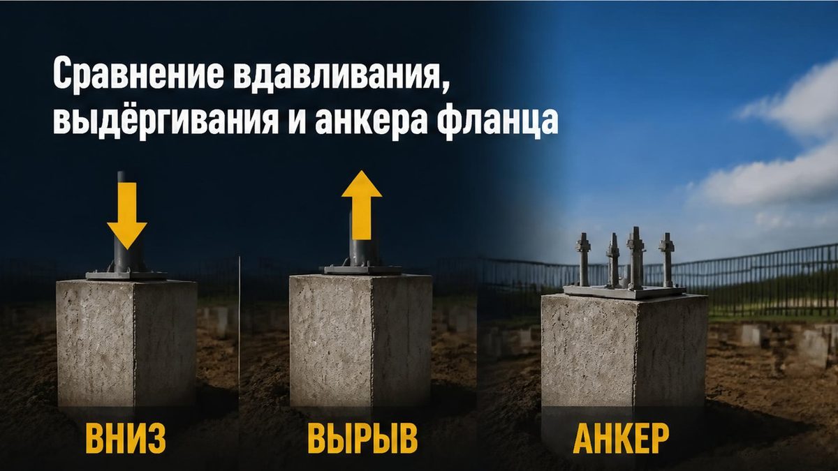 Вдавливание вниз, выдёргивание наветренной сваи и анкер фланца — три разные проверки