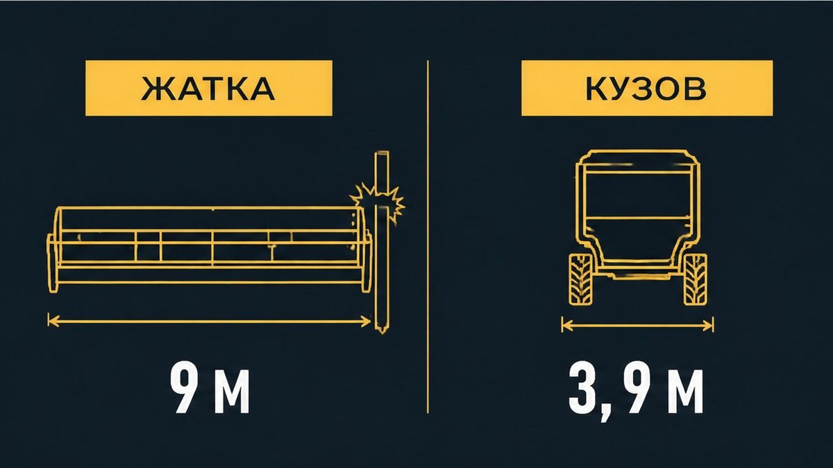 Пролёт по жатке 9 м против ширины кузова около 3,9 м