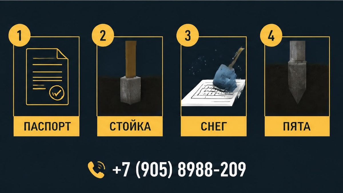 Четыре шага до забивки: паспорт, свая под стойку, снег с чертежа и пята