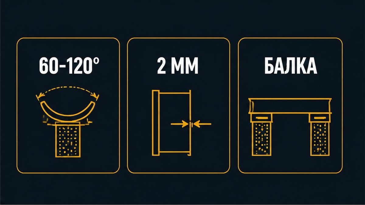 Севшая опора: охват седла 60-120°, допуск стенки 2 мм, корпус как балка