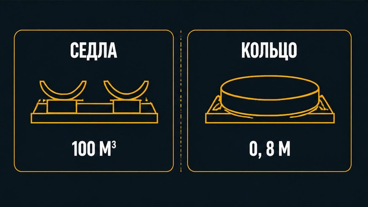 Два седла горизонтальной ёмкости до 100 м³ против кольца от 0,8 м у вертикального резервуара