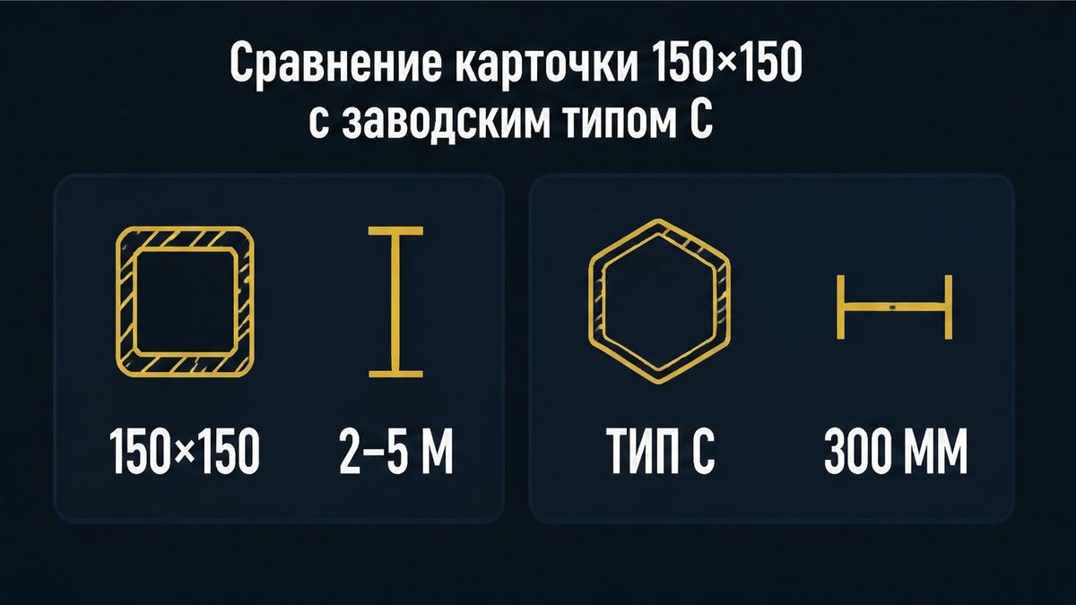 Карточка 150×150 длиной 2–5 м не заменяет заводской тип С от 300 мм