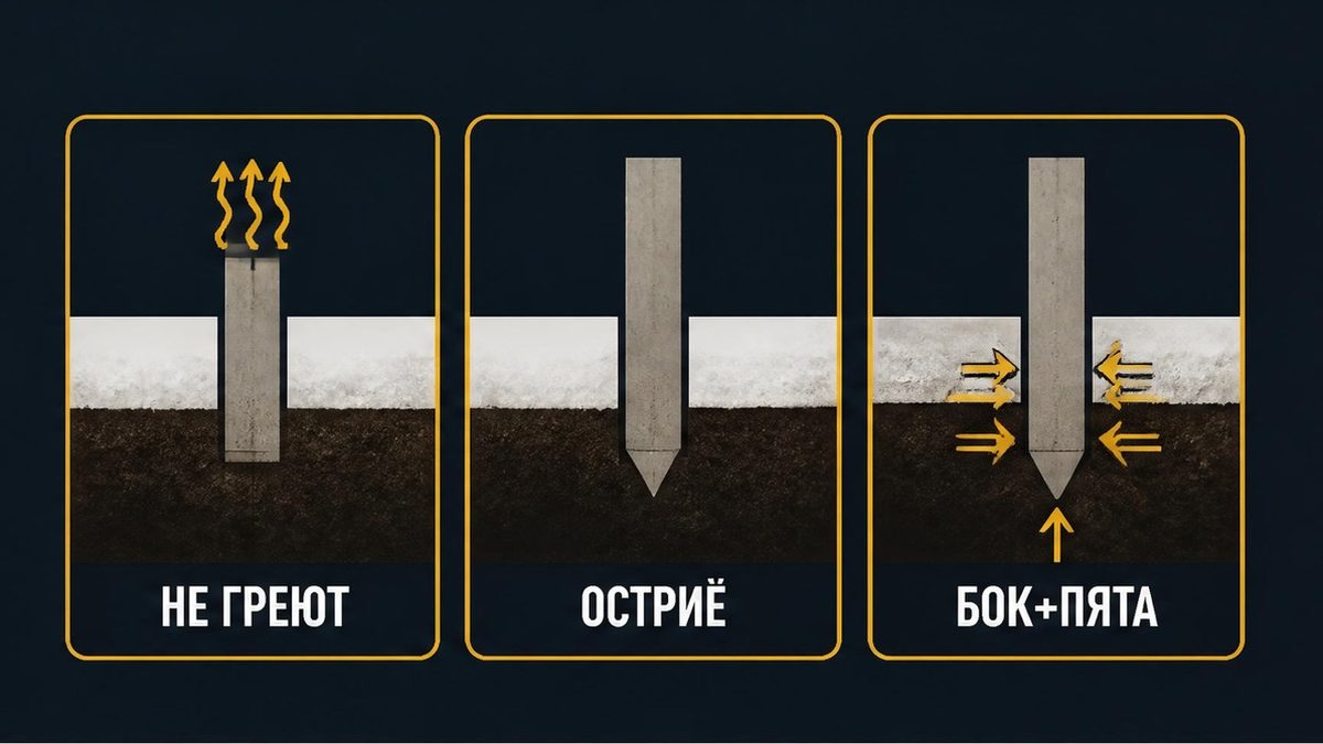 Землю не греют: остриё ниже корки, несущая складывается из бока и пяты