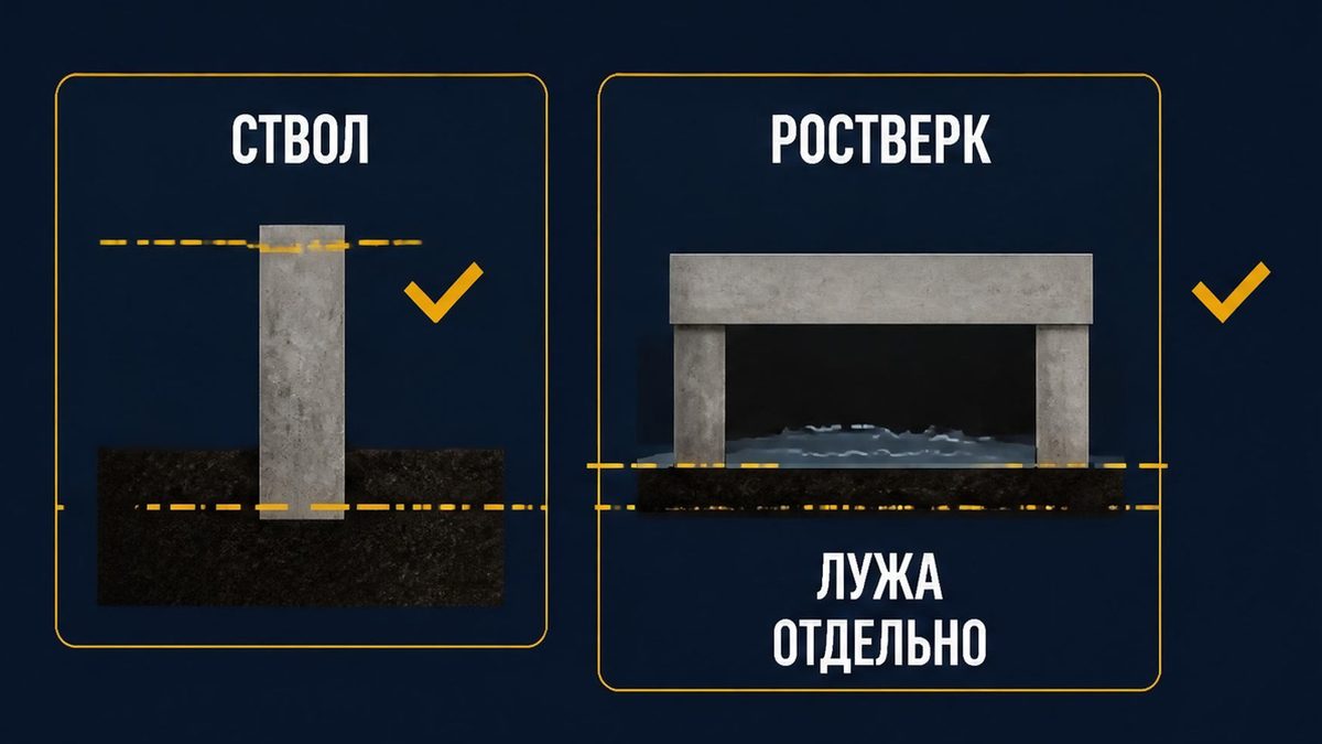 Ствол сверяют со схемой, ростверк в луже принимают отдельно