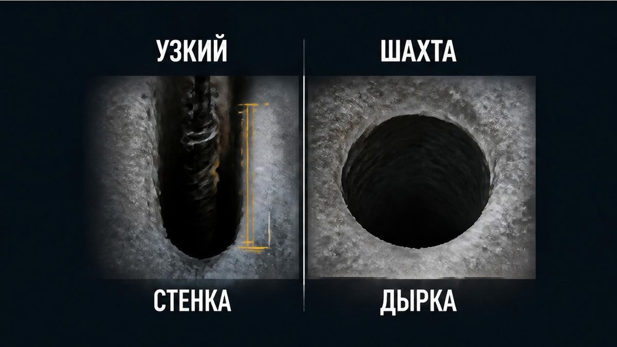 Узкий шнек оставляет стенку, широкая шахта не даёт лопасти зацепиться