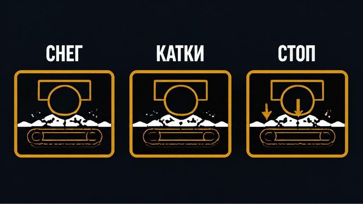 Снег между лентой и катками ломает ход: лента перестаёт перематываться