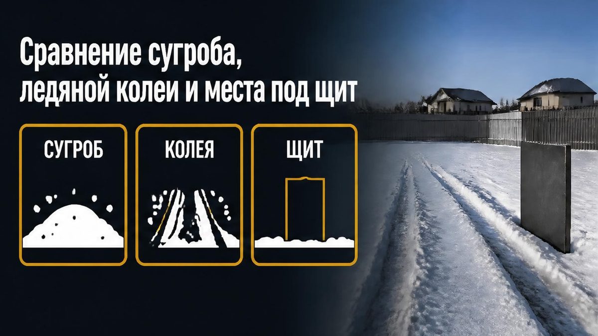 Три колонки заезда: нетронутый сугроб, замёрзшая колея и место под щит