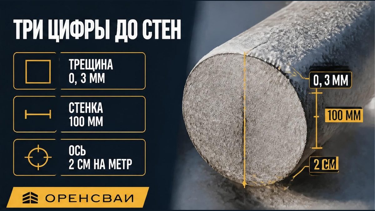 Три цифры до стен: трещина 0,3 мм, стенка обоймы 100 мм, ось 2 см на метр