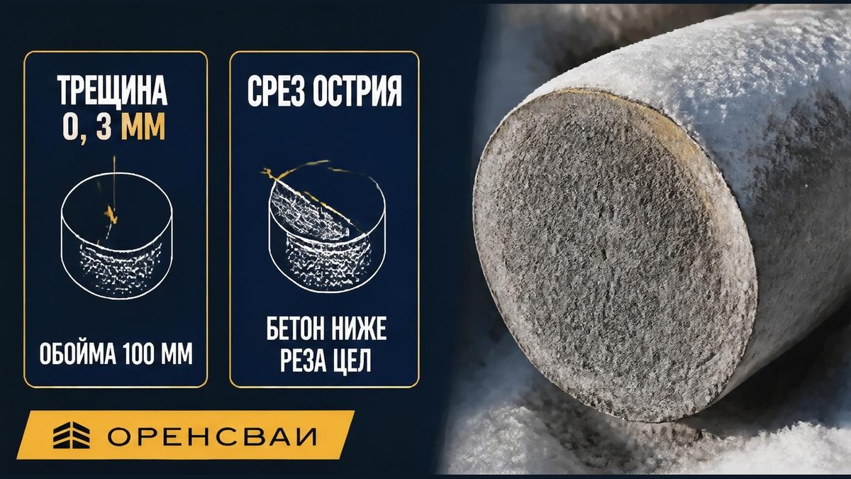 Трещина шире 0,3 мм — обойма или замена, скол острия срезают, бетон ниже реза цел