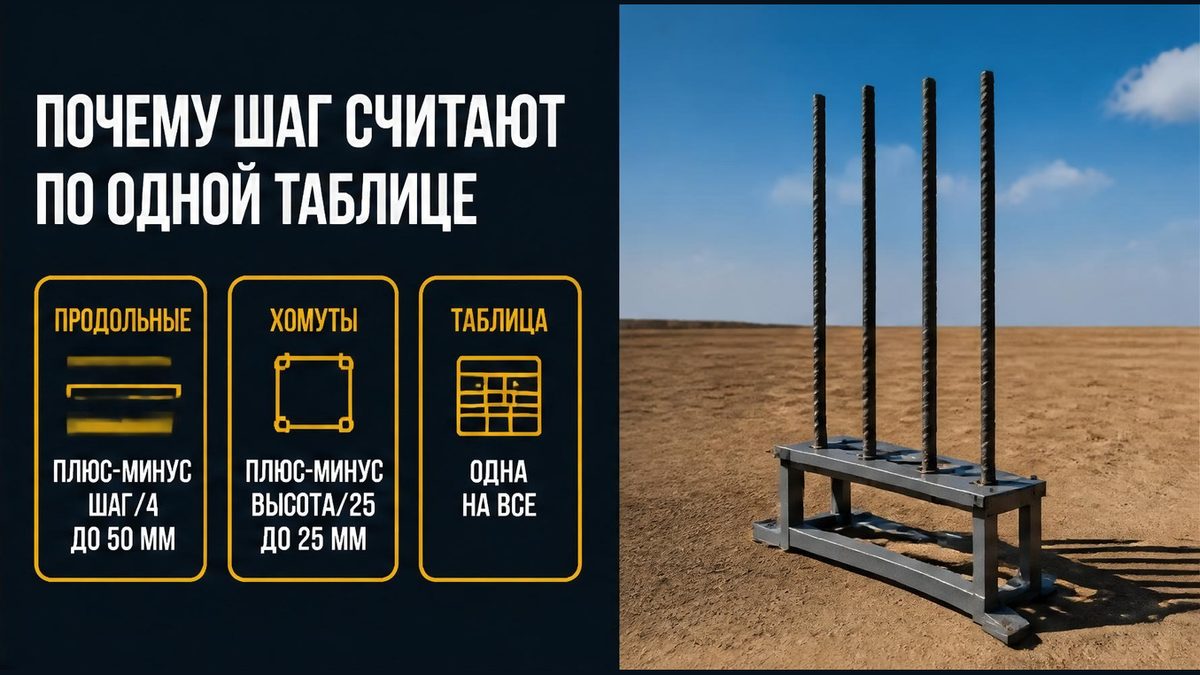 Продольные плюс-минус S/4 до 50 мм, хомуты плюс-минус h/25 до 25 мм, таблица одна на все